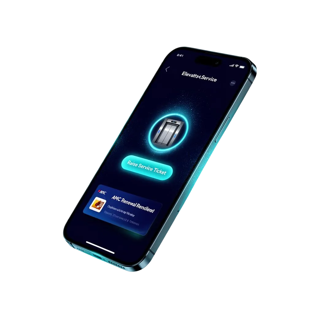 LiftFlow customer mobile app showing elevator service ticket and AMC renewal reminder on a smartphone