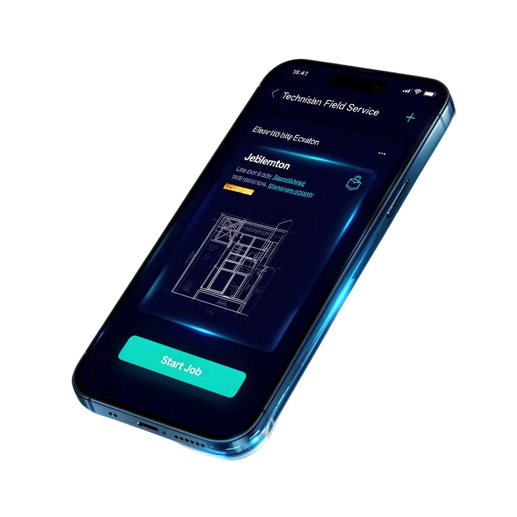 LiftFlow technician mobile app showing job dispatch and elevator service workflow